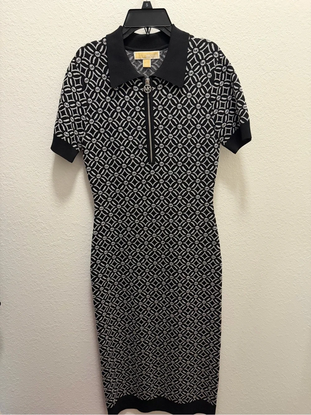 Michael Kors Black & White Geometric Knit Polo Midi Dress with Zip